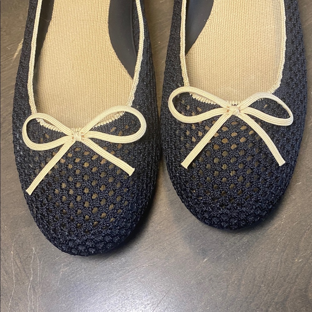 Rothy's Black Knit Ballet Flats with Cream Bow Trim - Picture 5 of 5